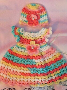 Crochet Baby Dress and Hat, Rainbow Flower Outfit, Newborn Gift, Fits 0-3 Months